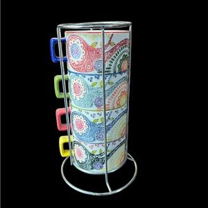 Pier 1 Set 4 Hand Painted Paisley Stacking Coffee Mugs, Stoneware, Metal Stand
